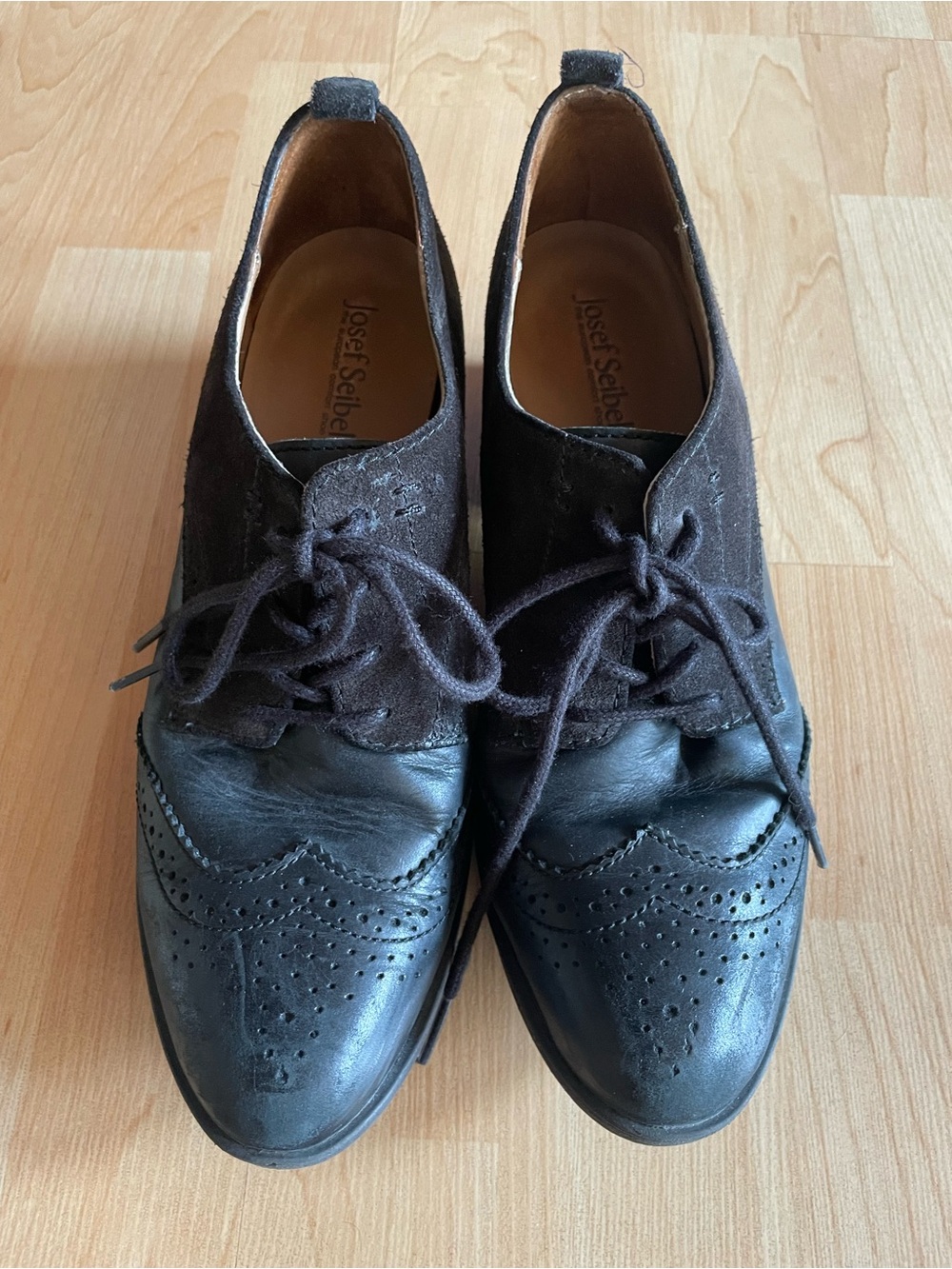 Womens Josef SeibelBlack Leather and Suede Oxford Lace-up Block Heel Shoes 41